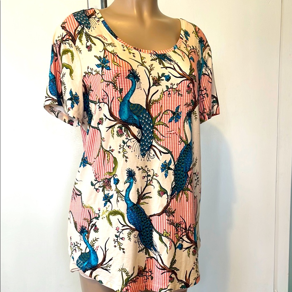 JM Collection Women’s Cream Peplum size LARGE Top with Blue Peacock Print
